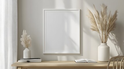 Poster mockup in a white frame, displayed on a minimalist desk with a neutral background