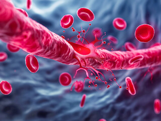 Wall Mural - A close up of red blood cells with a splatter of blood on the left side