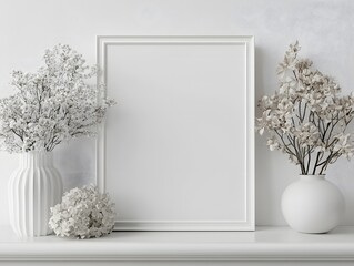 White frame with a minimalist text design mockup, leaning on a clean white mantelpiece