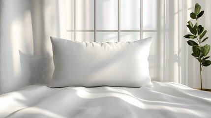 White pillow mockup on a plain white bed with soft natural light, minimalistic background