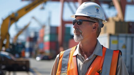 Construction worker at a port wearing safety gear and helmet