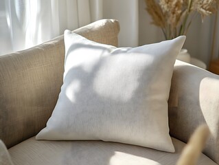 Minimalist white pillow mockup on a neutral-colored armchair with soft, natural light