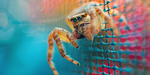 Close-Up Macro Photography of a Jumping Spider on a Blue Mesh Net