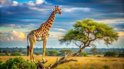 rendered of a giraffe standing on a tree branch, giraffe, tree, render,wildlife, nature, animal, tall, foliage, jungle, exotic