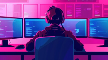 A digital artist creates vibrant programming visuals in a modern workspace, illuminated by colorful screens showcasing coding.