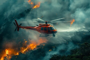 Helicopter with water bucket fights forest fire to extinguish flames effectively