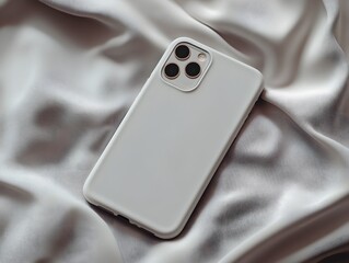 White phone case mockup placed on a light grey fabric surface, focusing on texture