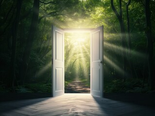 A serene and mystical scene of an open door leading to a bright forest pathway, inviting exploration and adventure.