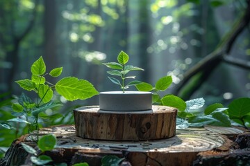 Organic product podium in forest, green outdoors setting, spring cosmetics display stand