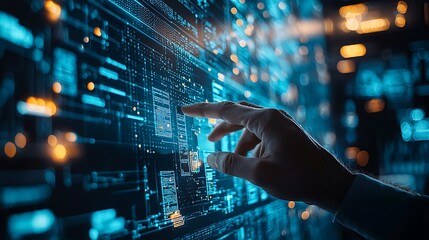 Hand interacts with digital interface for business technology concept