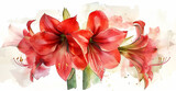 A vibrant illustration of red amaryllis flowers with a soft watercolor background.