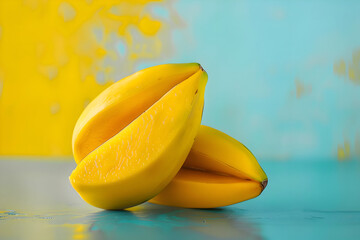 Yellow Banana Halves on Blue and Yellow Background - Realistic Image