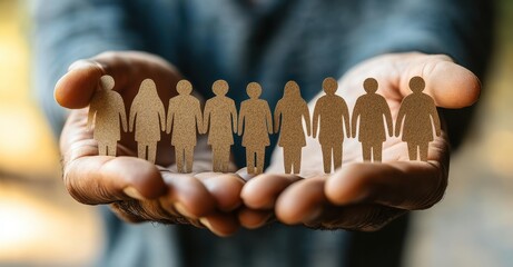 Close-up of a man's hands protecting paper cutouts of people with special needs on a white background, symbolizing inclusion and support for individuals with disabilities

