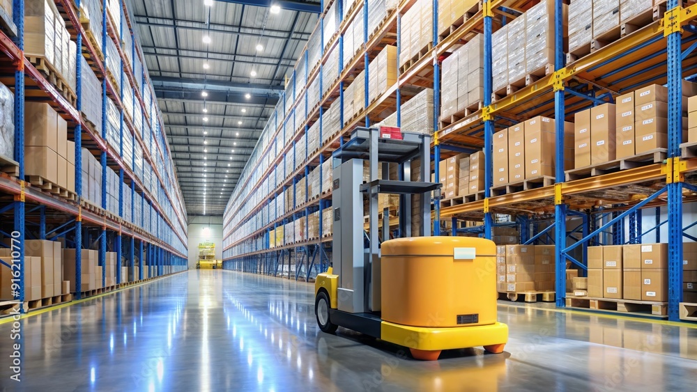 AGV (Automated guided vehicle) navigating through a warehouse ...