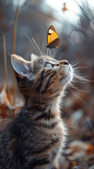 Wall Mural - cute grey kitten playing with butterfly