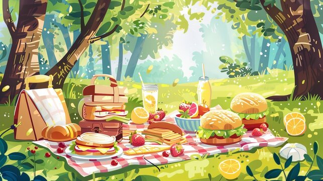 A whimsical illustration of a picnic spread, including sandwiches, fruit, and lemonade, in a sunny park