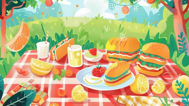 A whimsical illustration of a picnic spread, including sandwiches, fruit, and lemonade, in a sunny park