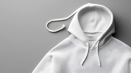 White hoodie mockup laid out flat on a plain grey background with soft lighting