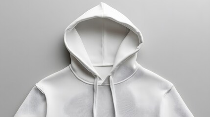 White hoodie mockup laid out flat on a plain grey background with soft lighting