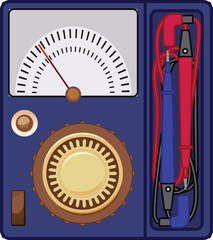 Poster - analog voltmeter measuring voltage using dial gauge and probes with red and blue wires