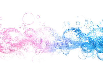 Shimmering pink and blue bubbles on white background.