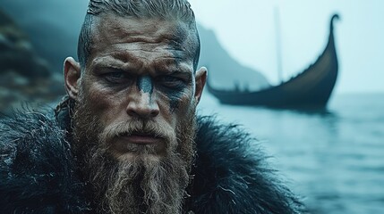 Viking Warrior with Traditional Face Paint and Historic Ship in Nordic Landscape