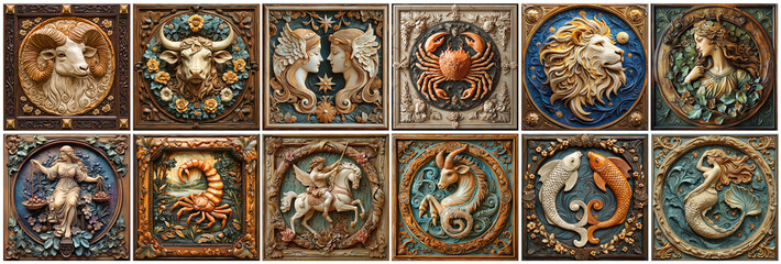 set of magical zodiac signs , aries, taurus, leo and gemini horoscope, virgo, scorpio, libra, aquari