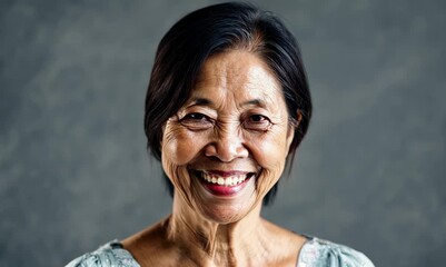 Wall Mural - Portrait of a smiling middle-aged Asian woman on a gray background