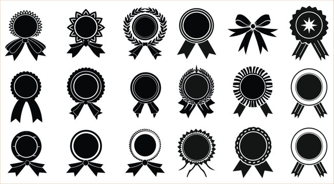 Set of winner medal silhouettes, Silhouette of badge with ribbons, Award or Medal badge silhouette vector, Award badges silhouettes, Achievement label silhouettes, Badge silhouette set vector