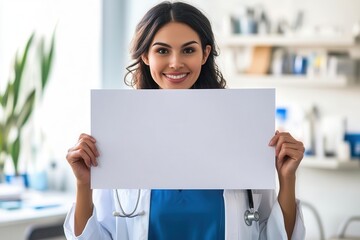 smiling female doctor in a lab coat holding a blank white sign in a medical office setting.