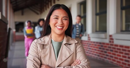 Wall Mural - Portrait, happy and teacher with arms crossed in high school for education, career and lecture. professional, pride and female educator on campus for knowledge, learning or smile for class or course