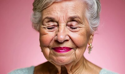 Sticker - Portrait of a beautiful senior woman with closed eyes on a pink background