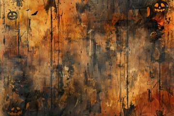 Spooky Halloween themed background featuring rustic pumpkins and eerie decorations on a textured, aged surface.