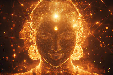 A digital wireframe polygon illustration of Maa Durga, showcasing the goddess with intricate lines and points in a technological style.
