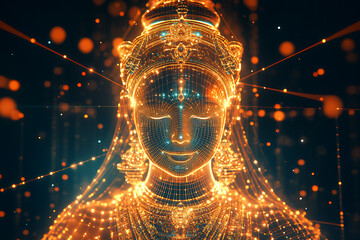 A digital wireframe polygon illustration of Maa Durga, showcasing the goddess with intricate lines and points in a technological style.
