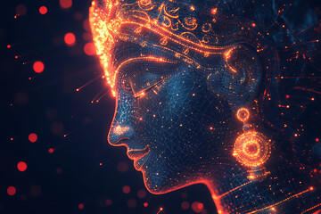A digital wireframe polygon illustration of Maa Durga, showcasing the goddess with intricate lines and points in a technological style.
