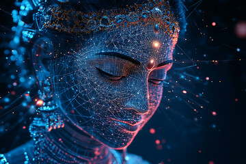 A digital wireframe polygon illustration of Maa Durga, showcasing the goddess with intricate lines and points in a technological style.
