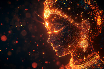 A digital wireframe polygon illustration of Maa Durga, showcasing the goddess with intricate lines and points in a technological style.
