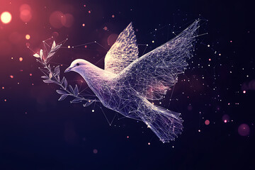 A digital wireframe polygon illustration of a dove holding an olive branch, featuring intricate lines and points in a technological style.
