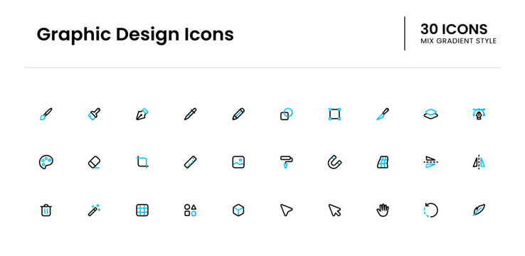 Graphic design icon set. graphic, designer, brush, painting, creativity, tool, paintbrush, artwork, image, colors. Vector mix gradient icon illustration