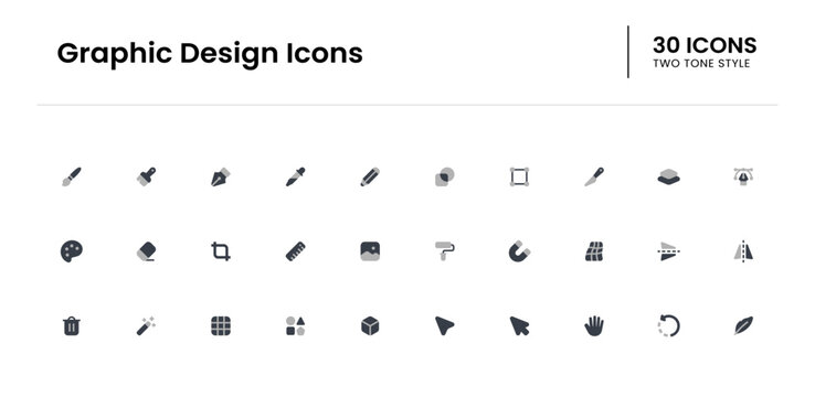 Graphic design icon set. graphic, designer, brush, painting, creativity, tool, paintbrush, artwork, image, colors. Vector two tone icon illustration