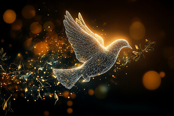A digital wireframe polygon illustration of a dove holding an olive branch, featuring intricate lines and points in a technological style.

