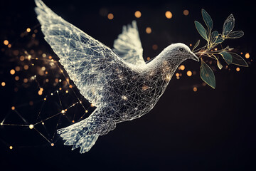 A digital wireframe polygon illustration of a dove holding an olive branch, featuring intricate lines and points in a technological style.
