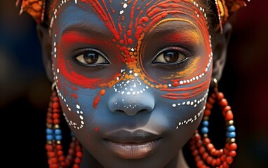 Wall Mural - Vibrant portrait of a woman with colorful, intricate face paint, highlighting cultural beauty