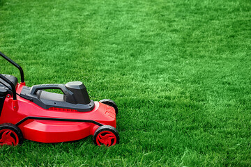 A red and black lawnmower on a green lawn. Mow the grass.