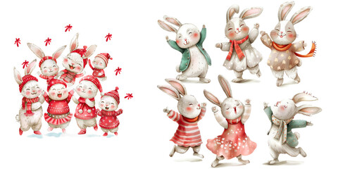 Set of group of little happy bunny easter wear chrismas custome isolated on transparent background