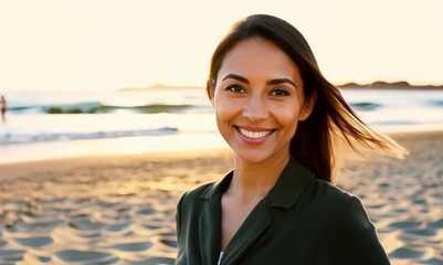 Wall Mural - Lifestyle portrait video of a pleased woman in her 30s wearing a smart pair of trousers against a beach background