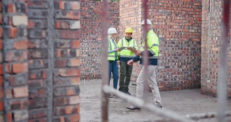 Poster - Tablet, progress or people in construction site for inspection, building architecture or engineering quality control. Teamwork, walking or builder with maintenance schedule, developer or contractor