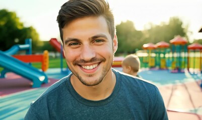 Wall Mural - Portrait of handsome young man in casual clothes smiling at camera on playground