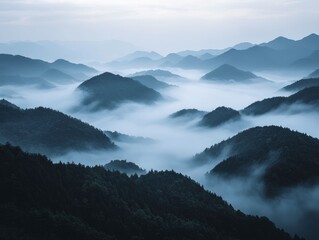 Sticker - A stunning panoramic vista of a fog-covered mountain range at dawn evokes feelings of tranquility and creativity.